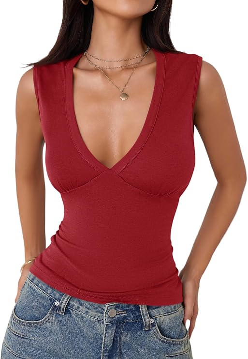Imily Bela Women's Sexy Plunge Deep V Neck Going Out Tank Top Summer Sleeveless Slim Fitted Workout Tops Wine Red
