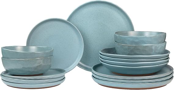 Sango 16-Piece Stoneware Dinnerware Set for 4, Semi-Matte Teal Plates and Bowls Sets with Rustic Speckled Glaze, Ceramic Dish Set, Elegant Boho Farmhouse Dishes, Microwave & Dishwasher Safe, Kaya Blue