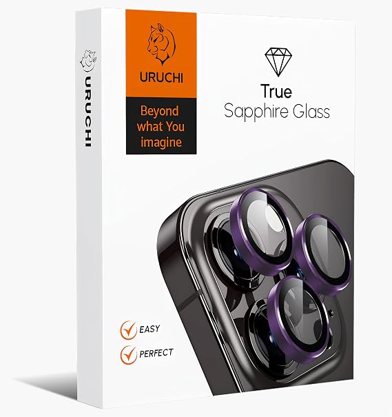 URUCHI Kamera Lens Koruyucu, Safir Cam, Alüminyum Alaşım Çerçeve, Kolay Kurulum, HD Kalite, Güçlü Yapışma, Çubuk Sökme Aparatlı (Mor, IP 14 Pro / 14 Pro Max)