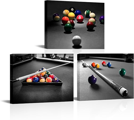 Apicoture Billiards Art Picture Wall Decor - Black And White Billiard Balls Pool Table Room Wall Decor Billiards Poster Prints Framed For Mens Berdroom Office Room Wall Art Ready To Hang (12"x16"x3Panels)