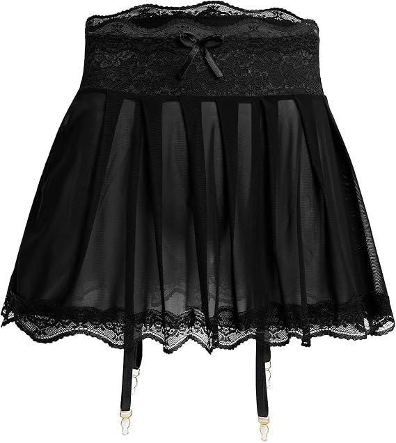 Men's Crossdress Lingerie Lace Sheer Tulle Mesh Mini Garter Skirt | Ruffle Lace Trim Mesh Skirt, Sheer See Through, Elastic Waist, 4 Adjustable Garters Belt, for Male Crossdressing Underwear