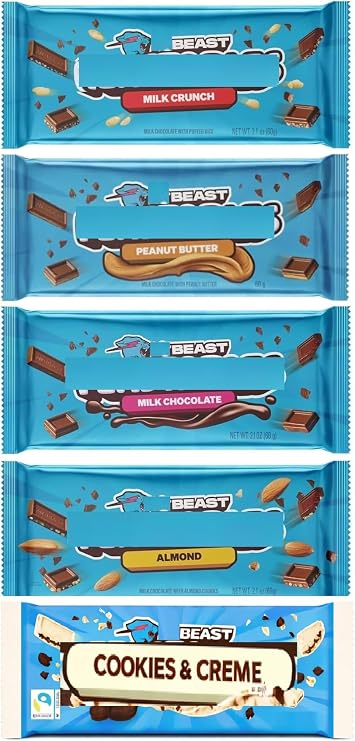 Beast Chocolate Bar Mix Bundle - x1 Milk Chocolate, x1 Almond Milk Chocolate, x1 Milk Crunch, x1 Peanut Butter, 1x Cookies and Creme | 5 x 60g Bars | BY INTERGALACTIC SWEETS
