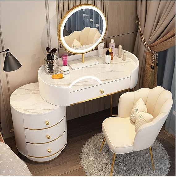 Modern Dressing Table with Mirror with LED Lights and Stool, White Marble Effect Makeup Table with 3 Drawers Cabinet, Gold Legs, Complete Set for Bedroom, Bedroom