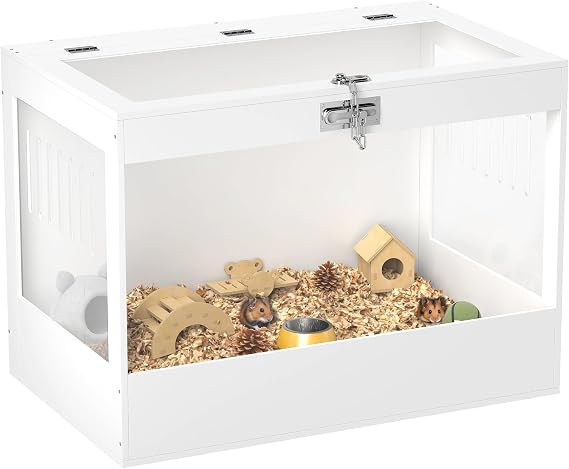 PawHut Hamster Cage with Openable Top & Lock, Transparent Acrylic Panels Small Animal Habitat with Hut, Seesaw, Ladder, for Dwarf Hamster Gerbil, 31.5" x 20" x 23", White