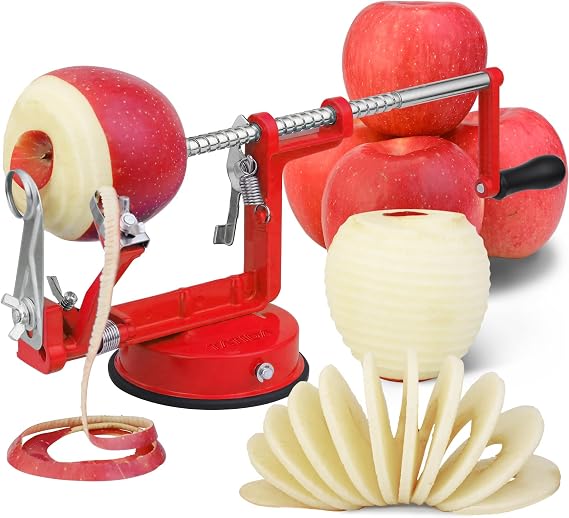 Apple Peeler Slicer Corer 3 In 1, Potato Peelers, Stainless Steel Heavy Duty with Suction Cup Base (vermilion)