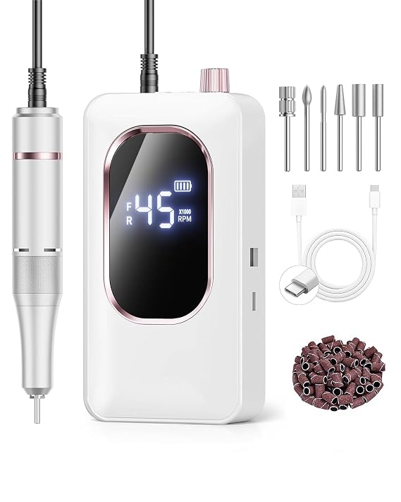 Hoxida Professional Nail Drill 45000RPM,Electric Nail File with LCD Display | 4000mAh Clip On E-File Delivers 30S Gel Removal,Low Noise Low Vibration,Lightweight,3H Fast Charge,8H Runtime for Salon Home
