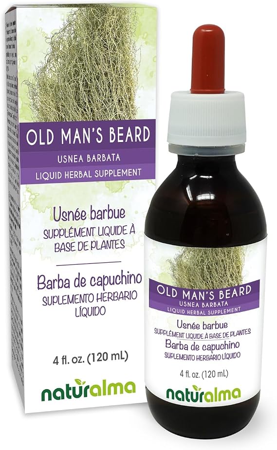 Naturalma Old Man's Beard (Usnea barbata) Thallus (Lichen) Alcohol-Free Tincture - 4 fl oz Liquid Extract in Drops - Herbal Supplement - Vegan