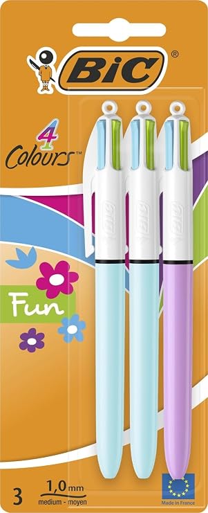 BIC 4 Colours Pens Multicolour Fun - 4 Colours Pastel Barrel Retractable Ballpoint Pens - Pack of 3