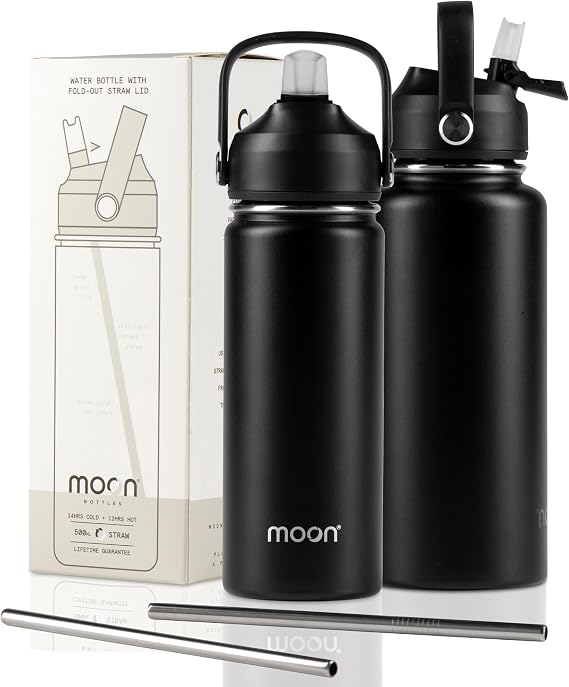 moon bottles - Insulated Water Bottle with Straw - Stainless Steel Sports Drink Bottle, Thermal Flask, 24hr Cold, 12hr Hot, Double Walled, Metal Straw, Silicon Spout, UK Company (1L, Black)
