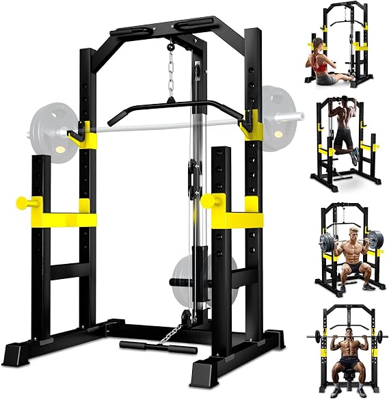 FONBEAR Power Rack, LAT Pulldown, Multi-Function Power Cage with Pulley System for Home Gym, Bench Press, Rowing, Pull-Down Pull-up Bar All in One Workout Cage