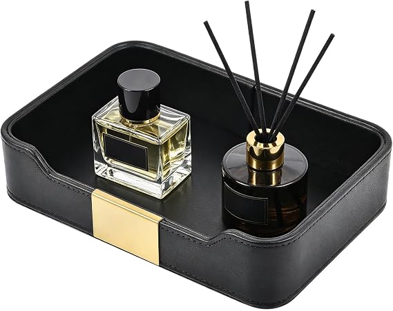 Luxury Leather Pocket Empty Tray Organiser Storage Box Faux Leather Storage Tray Key Shell for Watches Mobile Phones Jewellery Keys Coins Purse and Office Equipment Black