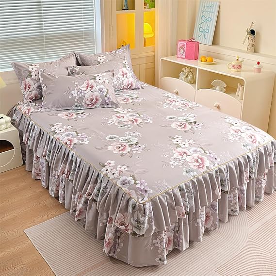 Floral Microfiber Bed Sheet Attached 2 Layers Ruffle Skirt and 2 Pillowcases Set, King, Rosy Brown