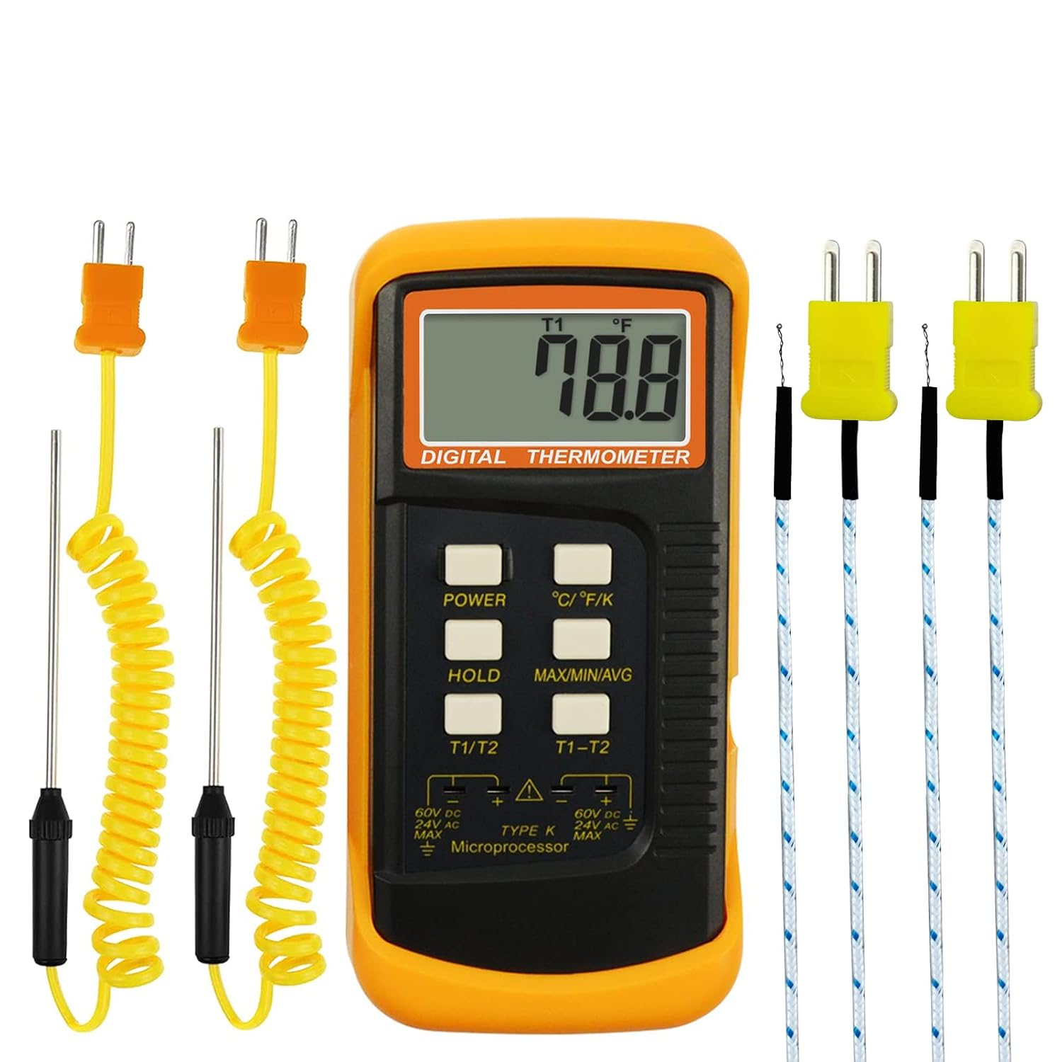 DANOPLUS High Accuracy Digital K-Type Thermocouple Thermometer -50~1300°C with Dual Channels 4 Probes Wired & Stainless Steel Handheld High Temperature Kelvin Scale Meter Tester