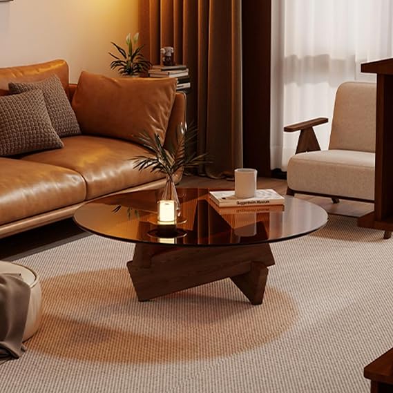 Round Glass Coffee Table with Tempered Glass Top, Coffee Tables for Living Room Modern, Solid Wood Table Legs for Living Room Home Office-Easy To Assemble(Brown,W70xH31cm/28x13in)