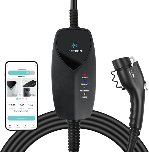 Lectron EV Charger, 16 ft Extension Cord & J1772 Cable - Portable Electric Car Charger for J1772 EVs and Plug-in Hybrid Vehicles (12A NEMA 5-15 with APP)