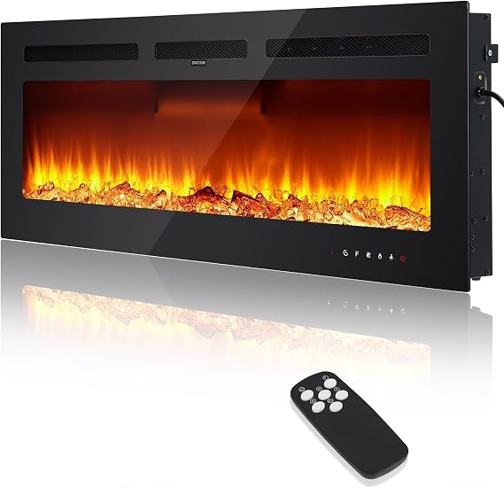 Electric Fireplace Heater - 60" Wall Mounted & Recessed, Remote Control, 120V/1500W Power, Adjustable Flame Colors, Timer Function, Log & Crystal Set Options.