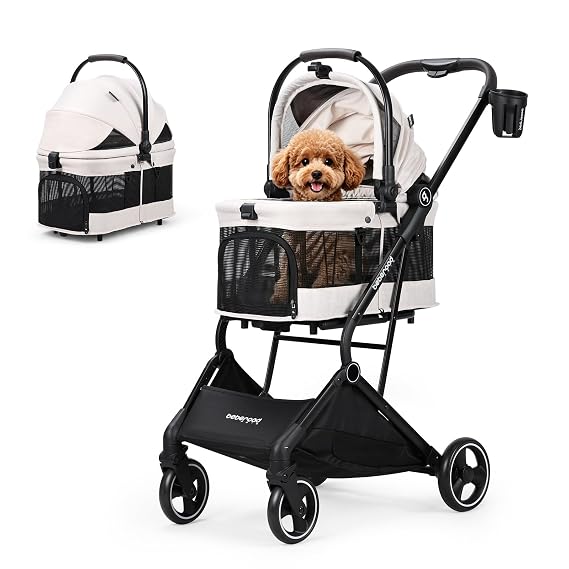 T3 Pet Stroller for Small Dogs & Cats up to 44lbs (Beige) | Detachable Carrier, Easy Assembly, Aluminum Alloy Frame, Larger Rear Wheels, Breathable Fabric, One-Touch Braking