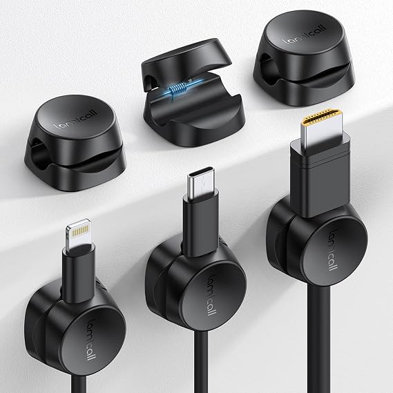 Lamicall Spring Cable Holder Clips - No-residue Cord Management, Wire Holder Organiser, Desk Tidy, Phone Charging Cable Keeper for USB, HDMI, Wall, PC, Car, Office, Home - Black (8mm)
