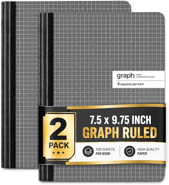 1InTheOffice Graph Composition Book, 9.75" x 7.5" Graph Paper Notebook, 100 Sheets 2 Pack