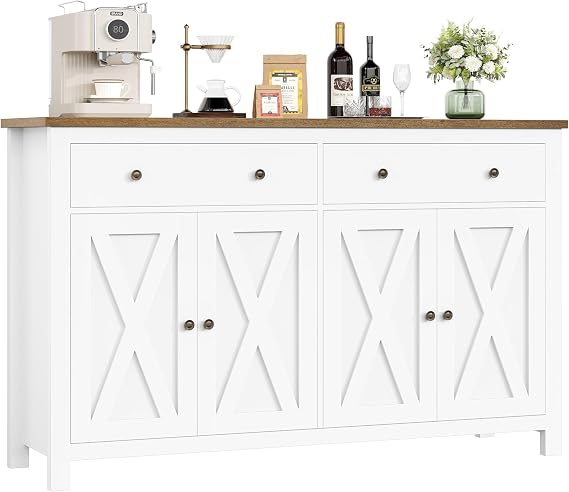FirFurd 140cm Sideboard White Kitchen Sideboard Storage Cabinet Large Kitchen Cabinet Cupboard with Adjustable Shelves 4 Doors 2 Drawers for Living Room Dining Room Furniture 140x40x89cm