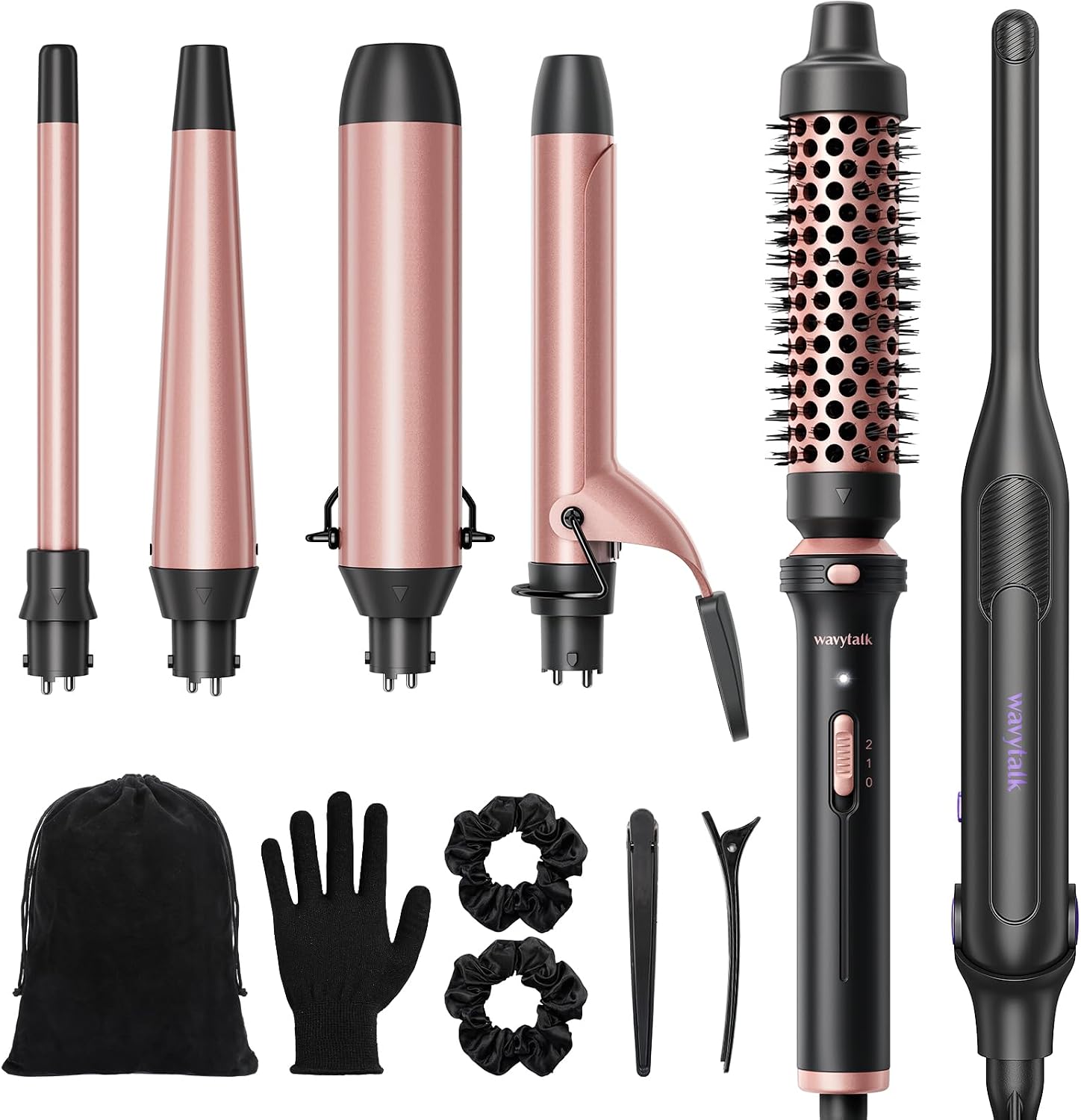 Wavytalk 5 in 1 Curling Iron,Curling Wand Set with Thermal Brush and 4 Interchangeable Ceramic Curling Wand0.5”-1.5 and 310 Pencil Flat Iron for Short Hair, Pixie Cut and Bangs, Mini Hair Straig