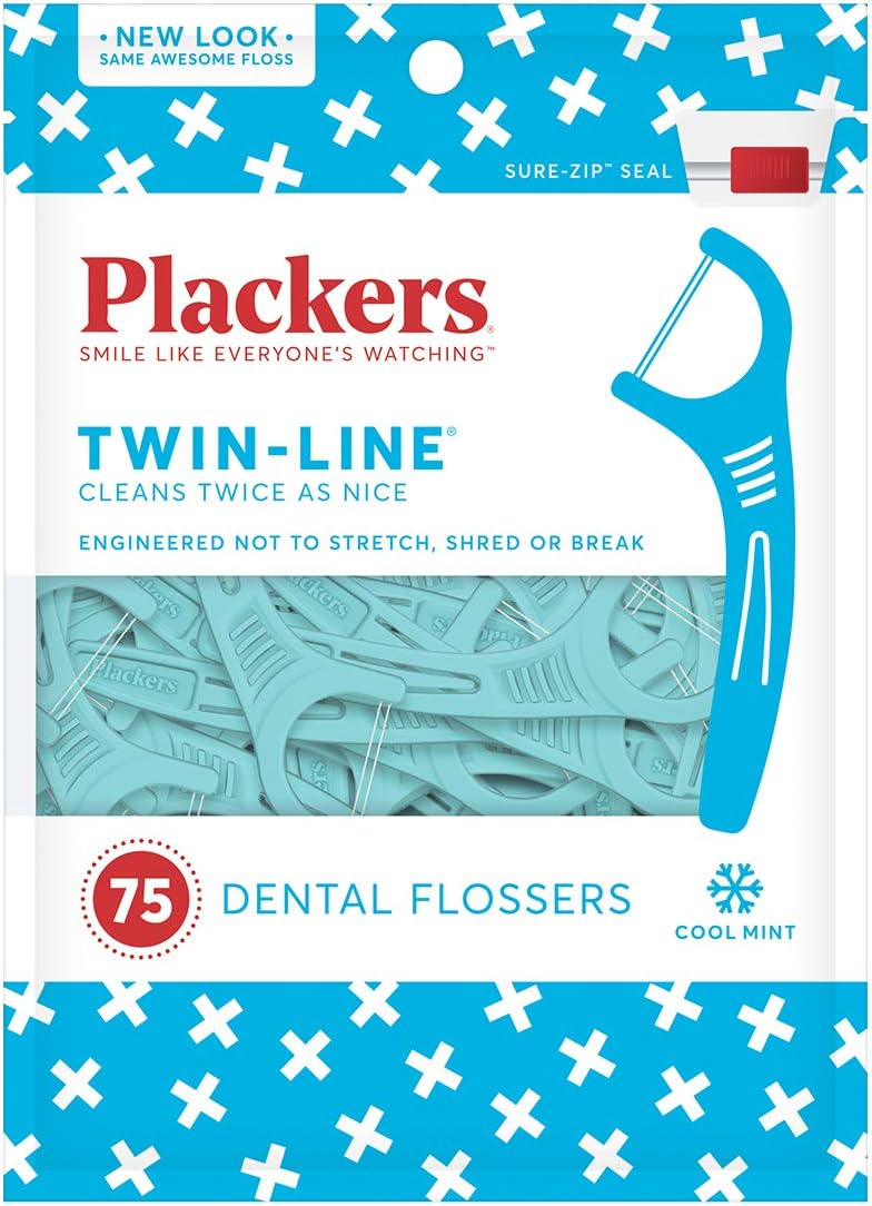 PLACKERS Dental Flossers, Twin-Line Advanced Cleaning, Mint Flavor 75 ea Pack of 7