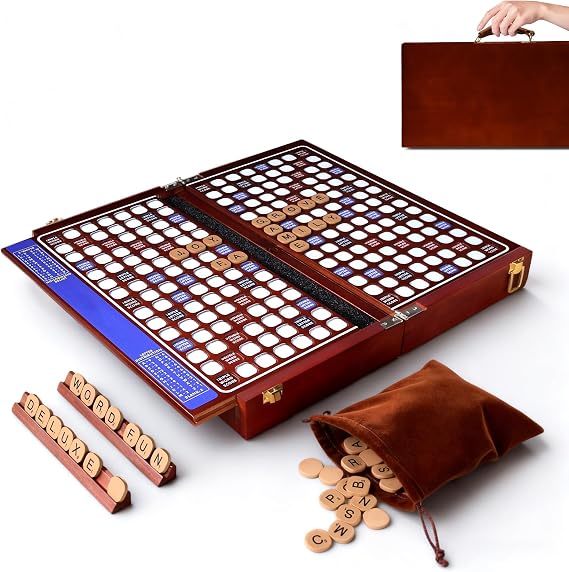 Deluxe Wooden Crossword Board Game with Rotating Board, Foldable Design