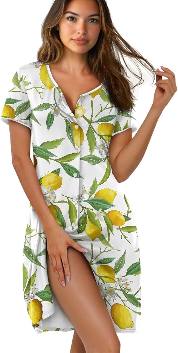 Womens Short Sleeve House Dresses Scoopneck Loose Fit Sleepwear Mid Length Casual Snap Front Nightdress Sleepwear