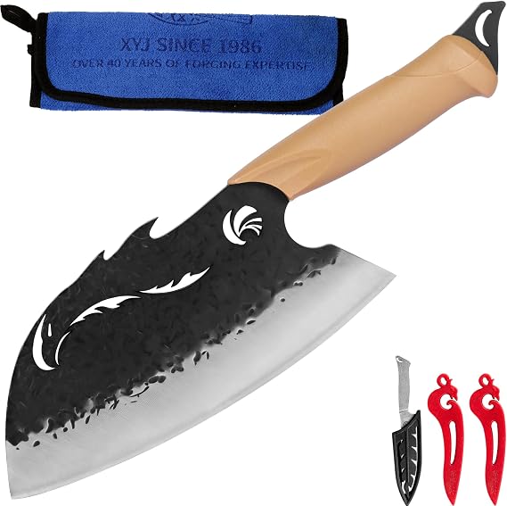 XYJ Authentic Since 1986, Kitchen Knife, 8.5 Inch High Carbon Steel Wide Blade Vegetable Knife, Meat Cleaver, Slicing Cooking Chef Knives, Plastic Handle, Mini Knife, Washing Towel