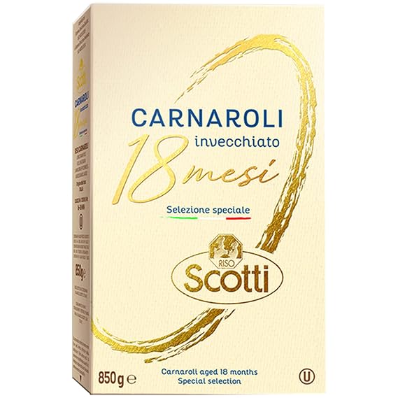 Riso Scotti - Aged Carnaroli Rice for 18 months, Rissoto Rice, 850 g | 100% Italian Carnaroli Rissoto Rice, Chef Selected, Recipe Included, Gluten Free, Non-GMO, Vacuum Packed, Product of Italy