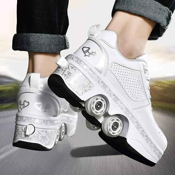 Deformation Wheel Skate Roller Shoes Casual Deformation Sneaker Walk Skate Men Women Skates Four Wheels, Silver-EU40/UK6