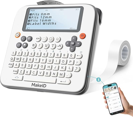 Makeid E1 Label Maker - Bluetooth Rechargeable Label Maker Machine - QWERTY Keyboard Labeler, 3.4" Backlighting LCD Screen - Prints 9~16mm Label - Home and Office Organization