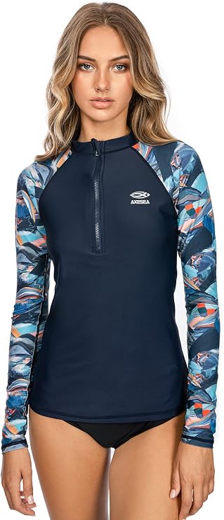 AXESEA Women's Rash Guard Tops Zip Long Sleeve Swim Shirts UPF 50+ UV Protection Bathing Suit
