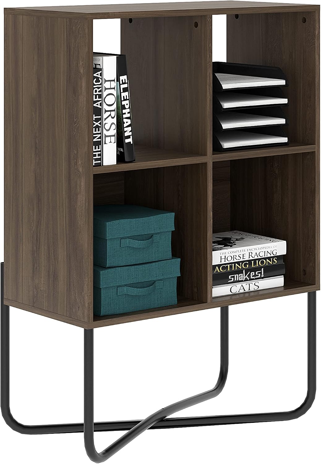 Techni Mobili Modern Geometric Low Wooden Bookcase - 2 Tier White Cube Storage Organizer Shelf - Easy to Assemble Engineered Wood Bookcase with Open Back Shelves & Metal Frame Allure Collection