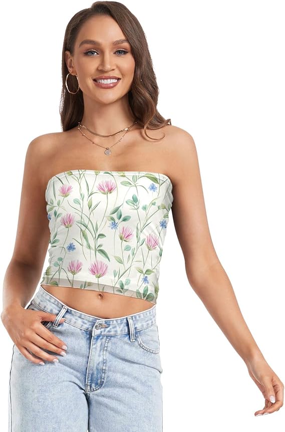 Yuiboo Tube Top Summer Pastel Wildflower Meadow Print Non Slip Cleavage Cover Up Party Sexy