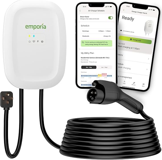 EMPORIA Level 2 EV Charger w/ J1772 Connector 48 Amp, 240V WiFi Enabled Electric Vehicle Charging Station, 25ft Cable, NEMA 14-50, White