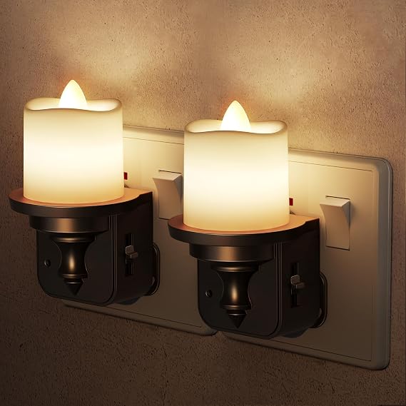LOHAS-LED Night Light Plug in Wall, Plug in Night Light, Dusk to Dawn Sensor, 0-100LM Dimmable, 3000K Warm White, Flameless LED Candle Vintage Nightlight for Hallway, Bedroom, Kitchen, 2 Pack [Energy Class F]