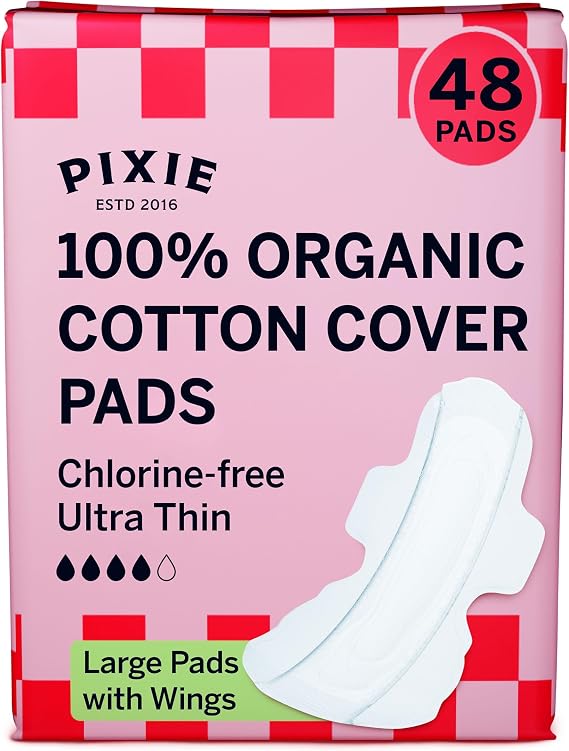 Pixie Organic Cotton Ultra Thin Regular Long Pads with Wings – Comfortable, Leak-Proof Protection for Everyday Flow – Hypoallergenic, Unscented, Soft & Breathable – Eco-Friendly, 48 Count