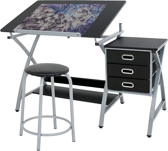 Adjustable Drawing Desk Tabletop Tilted Drafting Table Folding Art & Craft Table with Storage&Stool, Black