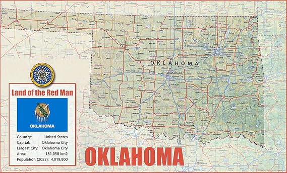 Oklahoma State Physical Map - 16.5 x 27.3 Inches - Paper Laminated