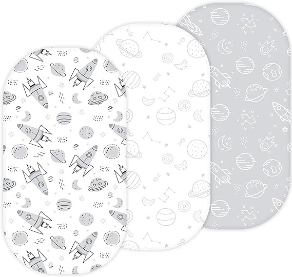 Bassinet Sheets for Maxi Cosi Iora, Munchkin Brica Fold N' Go, 4moms MamaRoo, Delta Children Bassinet, 3PC, 18 x 33 Inch, Ultra Soft, Breathable, Snug Fit, Unisex Boys Girls (Space Rockets)