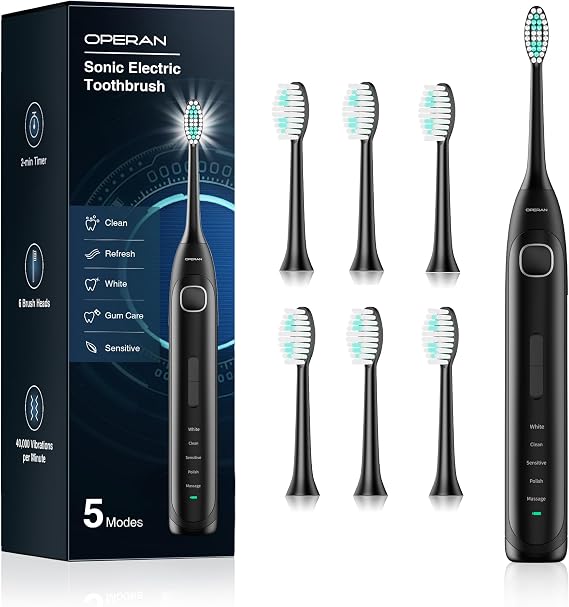 Operan Electric Toothbrush Rechargeable with 6 Brush Heads, Electric Toothbrush for Adults with 5 Modes and IPX7 Waterproof, 40,000 VPM Motor 6 Hours Fast Charge for 100 Days (Black, 1Pack)