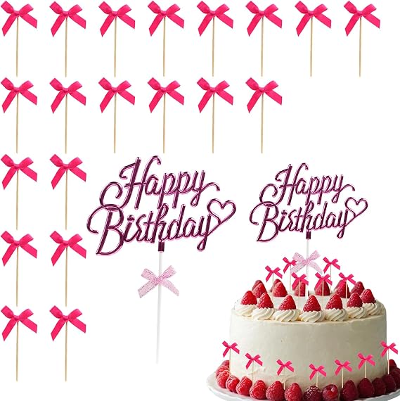 Bow Cake Topper Bow Decorations with Happy Birthday Sign for Women Birthday Party Decorations (Rose Red)
