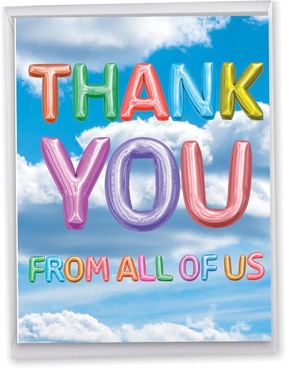 Best Card Co 1 Thank You Card Large from All of Us (8.5 x 11 Inch) Balloon Group Gratitude Notecard (Not 3D or Raised) Inflated Messages for Men and Women J5651OTYG-US