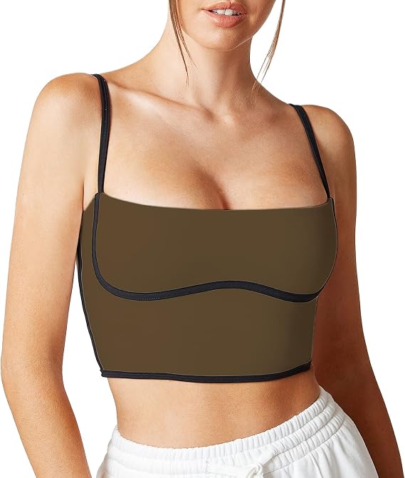 Sleeveless Spaghetti Strap Padded Sports Bra Tank Tops Square Neck Double Layer Workout Fitness Basic Crop Tops