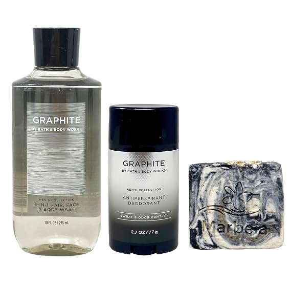 Bath & Body Works Men's Collection Graphite Body Wash and Antiperspirant Deodorant Duo Set with a Charcoal Scrub Bar Soap