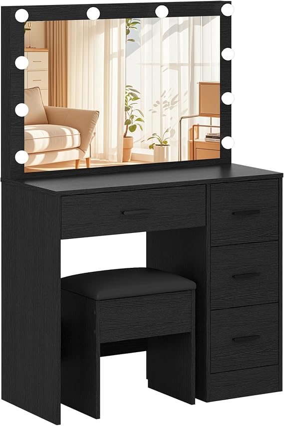 Panana Dressing Table with Large Mirror and Lights, Vanity Desk Set with 4 Drawers Makeup Table with Storage Cushioned Stool for Bedroom, Dressing Room (Black)