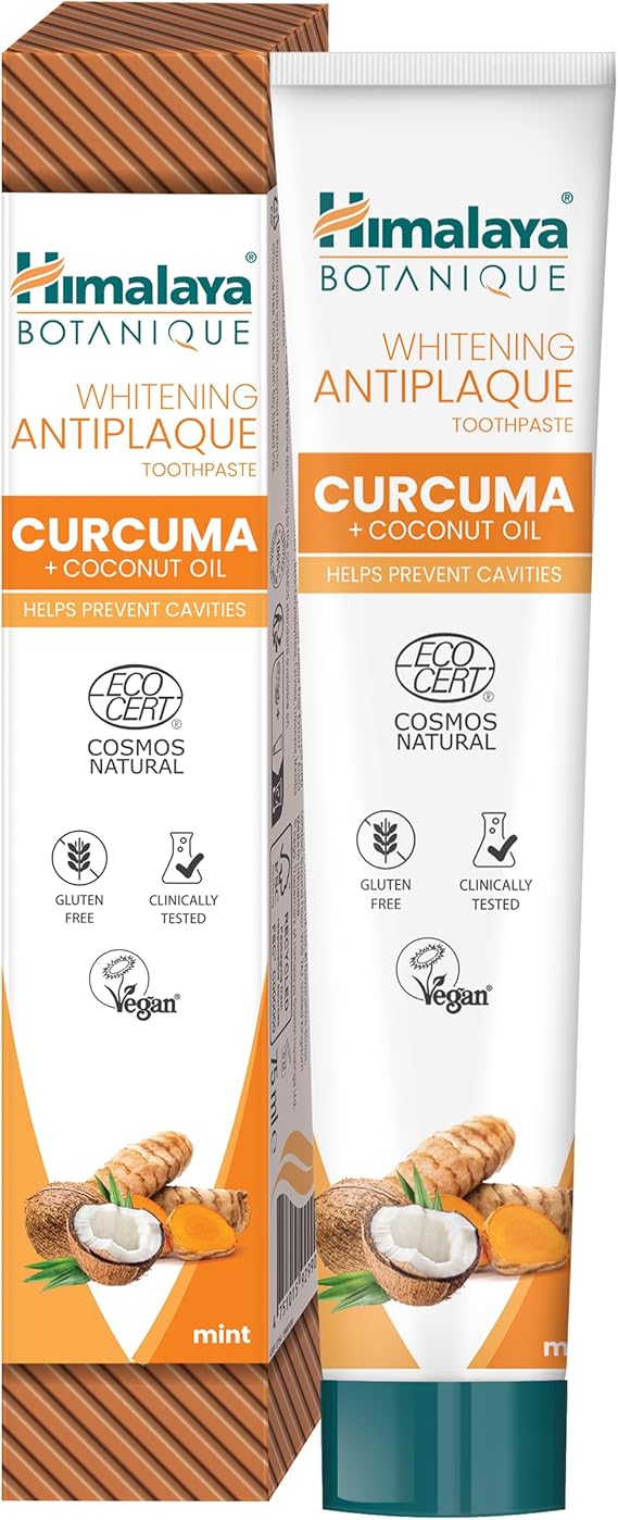Ecocert Cosmos Natural Certified Himalaya Botanique Whitening Antiplaque Toothpaste with Organic Actives, Curcuma + Coconut Oil for Brighter Teeth | Prevents Cavities, Refreshes Breath, 75 ml
