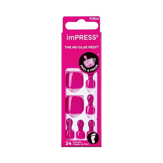 KISS imPRESS No Glue Mani Press On Nails, Toenails,#39;Sweet as Honey', Medium Pink, Short Size, Squoval Shape, Includes 24 Nails, Prep Pad, Instructions Sheet, 1 Manicure Stick, 1 Mini File