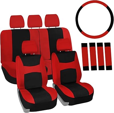 FH Group Car Seat Covers Full Set Cloth, Universal Fit combo, Automotive Covers, Low Back Front Airbag Compatible,Split Bench Rear Seat,Washable Cover for SUV,Sedan,Van Red